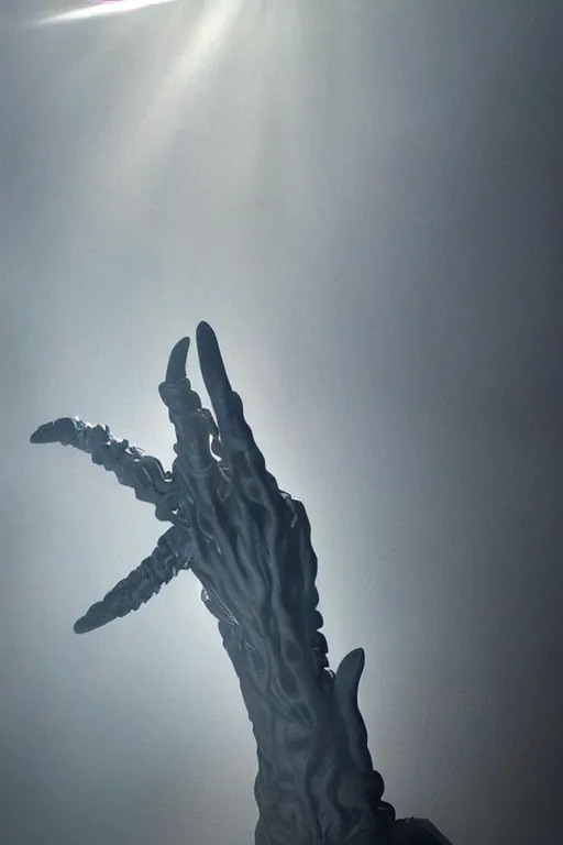 Prompt: giant hand sculpture covered in fog in style of prometheus xenomorph mythology, detailed, beautiful, god rays, unreal