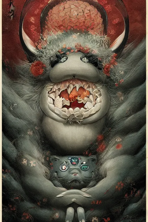 Image similar to a portrait of a japanese ghost yokai animal illustrated by miyazaki by karol bak, james jean, tom bagshaw, rococo, sharp focus, trending on artstation, cinematic lighting, hyper realism, octane render, 8 k, hyper detailed, vivid, ultra detailed, highly detailed