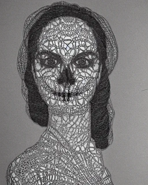 Image similar to close up of a woman's face, made of intricate decorative lace leaf skeleton, in the style of the dutch masters and gregory crewdson, dark and moody