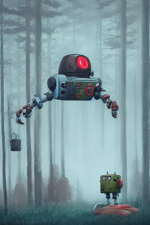 Prompt: Cute little robot lost in the forest art style by Simon Stålenhag, , trending on artstation, artstationHD, artstationHQ, 4k, 8k