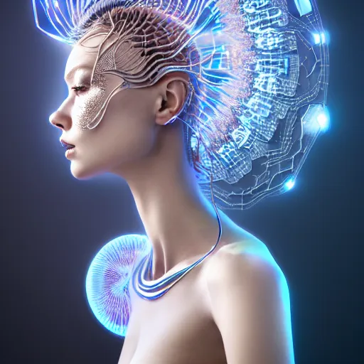 Image similar to portrait of an absurdly beautiful, graceful, sophisticated, fashionable cyberpunk mechanoid gravure idol, hyperdetailed illustration by irakli nadar, matt wisniewski style, intricate linework, white porcelain skin, iridescent fractal headdress, day - glow facepaint, jellyfish ruff, unreal engine 5 highly rendered, global illumination, blue light, detailed and intricate environment