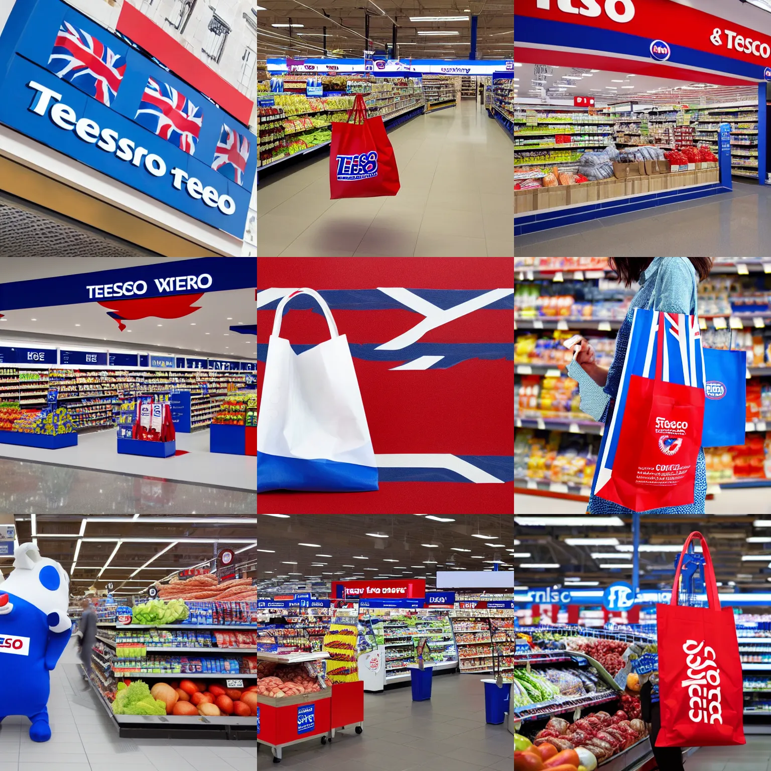 Prompt: British supermarket chain Tesco's new mascot, blue White and red design, shopping bag, professionally designed