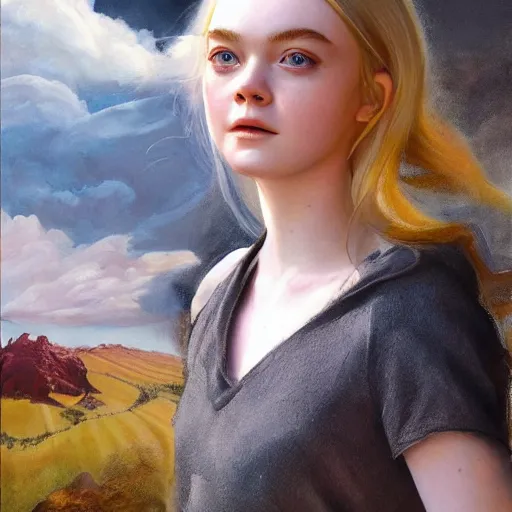 Prompt: ultra realistic portrait painting of elle fanning in the world of adam wyeth, art by frank frazetta, 4 k, ultra realistic, highly detailed, epic lighting