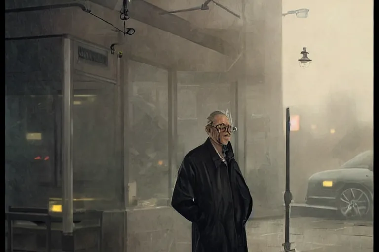 Prompt: an ultra realistic cinematic headshot portrait of an evil scientist, stood outside a corner shop, foggy, detailed, deep focus, movie still, dramatic lighting, by krenz cushart and!! annie leibovitz!!