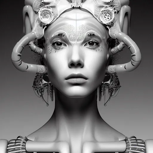 Image similar to closeup portrait of an absurdly beautiful, graceful, sophisticated, fashionable cyberpunk mechanoid gravure idol, an ultrafine hyperdetailed illustration by irakli nadar, matt wisniewski style, intricate linework, porcelain skin, neon jellyfish headdress, fractal ivory carved ruff, unreal engine 5 highly rendered, global illumination, radiant light, detailed and intricate environment