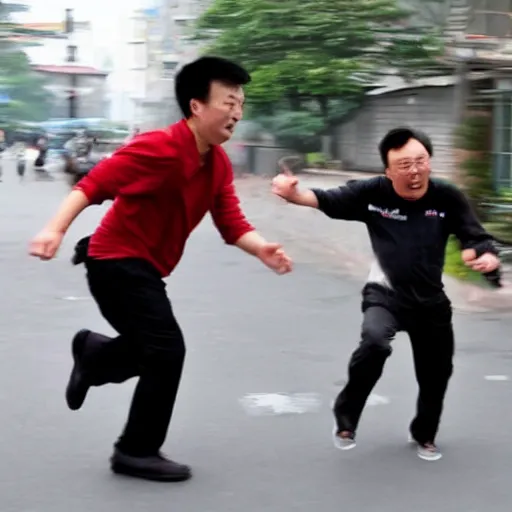 Prompt: A cat chases a terrified Chinese man
