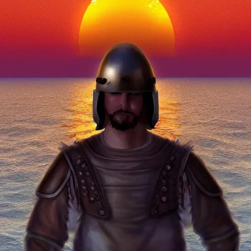 Image similar to portrait of a medieval ship pilot on a ship looking into the sunset on the sea, wearing breastplate, digital art, bokah, high fantasy art style