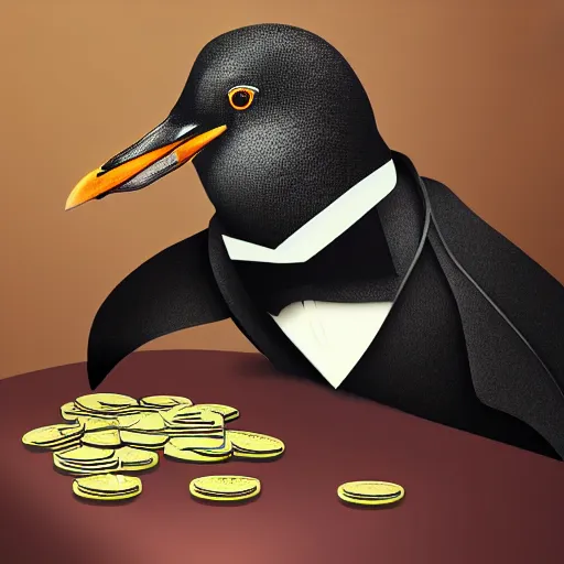 Image similar to Picture of a penguin wearing a suit with a stack of money, drug lord, hair, godfather, symmetrical, dark environment, smoke, realistic, highly detailed, digital art, trending on artstation,