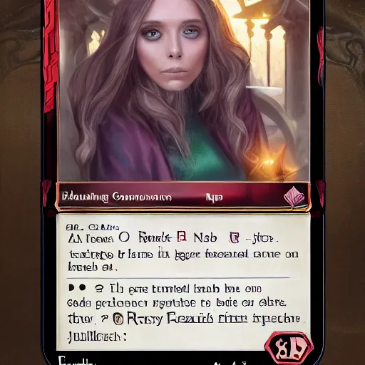 Prompt: mtg card trading, fantasy mtg card of elizabeth olsen, screenshot