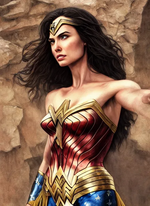 Prompt: realistic portrait painting of wonder woman, old mystic ruins, afternoon, intricate, elegant, highly detailed, digital painting, sharp, focus, by artgerm and greg rutkowski