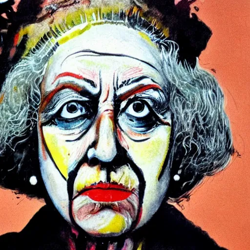 Image similar to close - up of queen elizabeth face painted as an old beggar by ralph steadman