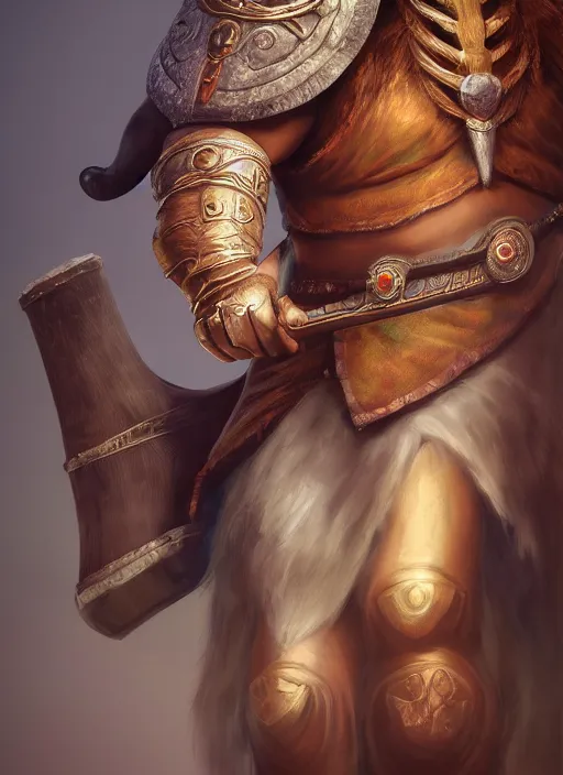 Image similar to An epic fantasy style portrait painting of an anthropomorphic elephant barbarian wearing an apron, DAZ, octane render, cosplay, RPG portrait, dynamic lighting