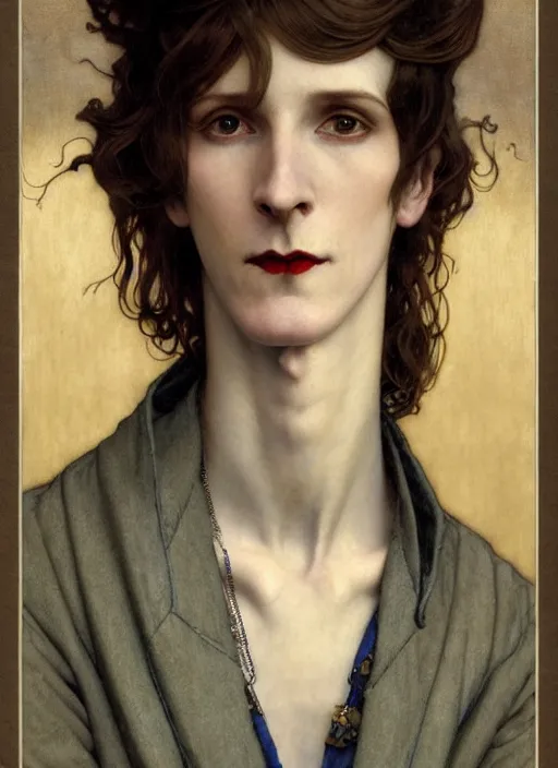 Image similar to edmund dulac, leyendecker, highly detailed portrait, a beautiful androgynous young ron wood, long hair, tall and thin, wearing several pendants, art nouveau, stephen bliss, unreal engine, by greg rutkowski, loish, ferdinand knab, ilya kuvshinov, rossdraws, tom bagshaw, alphonse mucha, global illumination, radiant light