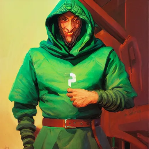 Image similar to portrait of a chad programmer with green hood by jesper ejsing