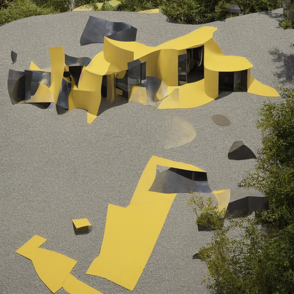 Prompt: a tiny flat house, designed by Frank Gehry. Tiles. Gravel pathway with parking. Film grain, cinematic, yellow hue