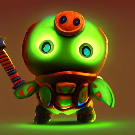 Image similar to a cute little chibi turtle with swords standing, dramatic led lights in blue and orange, unreal engine, 8k, pixar style