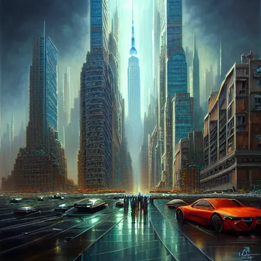 Image similar to a cityscape of new york in the future, flying cars, huge buildings, bright lights, digital painting, artstation, concept art, illustration, artgerm, tomasz alen kopera, peter mohrbacher, donato giancola, joseph christian leyendecker, wlop, boris vallejo