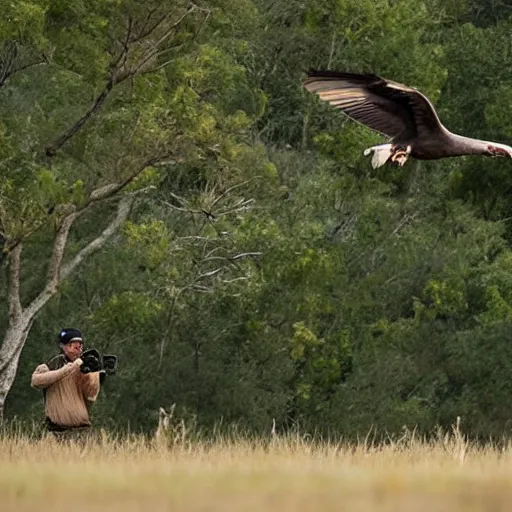 Image similar to a man watching vulture circling prey, ready to strike