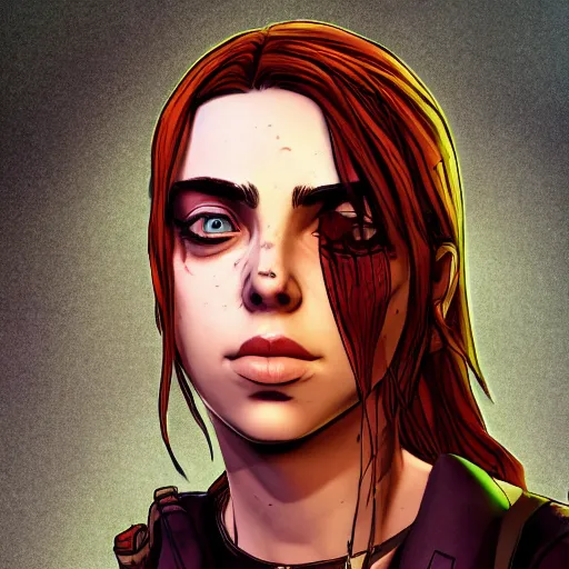 Image similar to billie eilish portrait, borderlands, tales from the borderlands, the wolf among us, comic, cinematic lighting, studio quality, 8 k