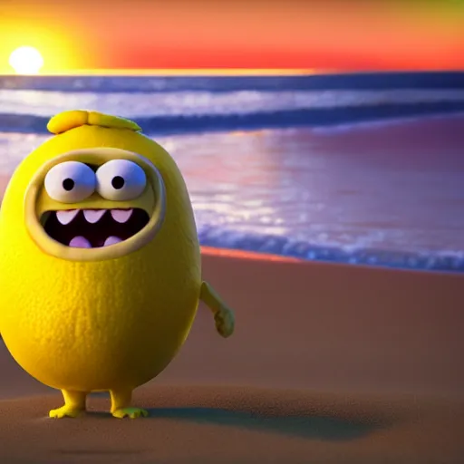 Image similar to 3 d octane render, of an anthropomorphic lemon character inspired by cartoon adventure time, monster. inc, with lemon skin texture, it is wearing a hat, building a sandcastle on the beach at sunset, beach, huge waves, sun, clouds, long violet and green trees, rim light, cinematic photography, professional, sand, sandcastle, volumetric lightening