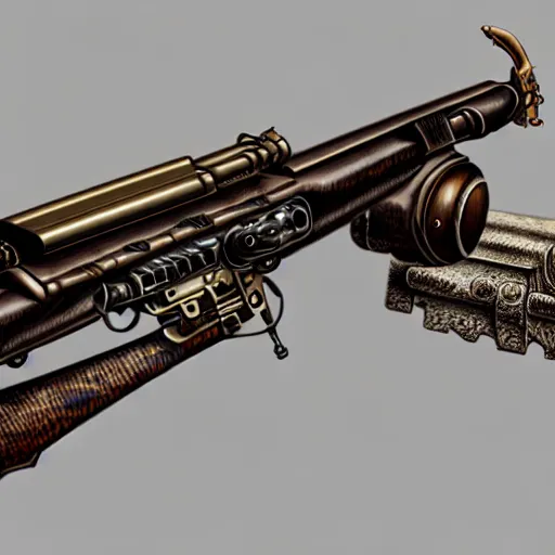 Image similar to rifle in the style of zdzisław beksinski, steampunk, science fiction, weapon schematic