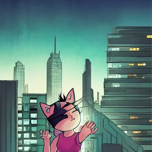Image similar to determined 7 year - old girl with cat ears pouncing from the rooftop, futuristic skyline behind her, wide shot, highly coherent, saga comic, graphic novel, fiona staples