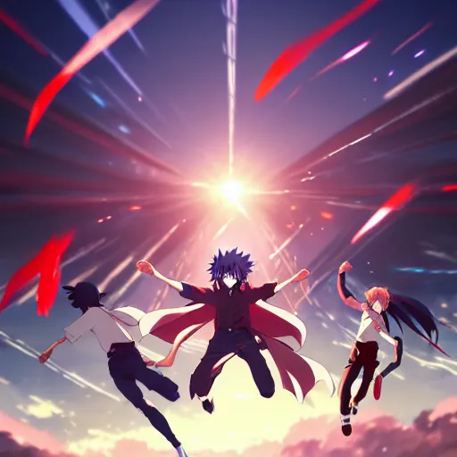 Image similar to dynamic and high energy anime composition with many hero characters together, running jumping, group of anime heroes, gapmoe yandere grimdark, trending on pixiv fanbox, painted by greg rutkowski makoto shinkai takashi takeuchi studio ghibli, akihiko yoshida