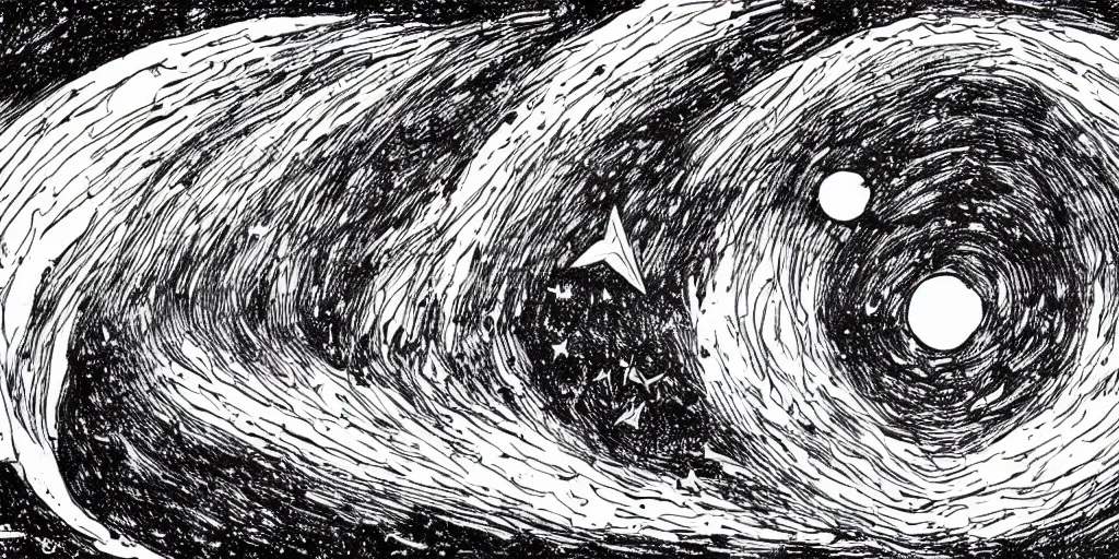 Prompt: ink lineart drawing of a shooting star towards a planet, comet, wide angle, seen from space, artstation, etchings, junji ito, chinese brush pen, illustration, high contrast, deep black tones contour