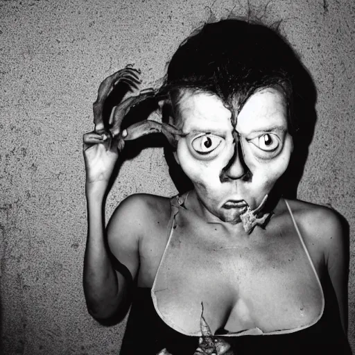 Prompt: a woman turning into a cockroach monster, she stares at the camera, gross, creepy, 3 5 mm flash photography, dark room