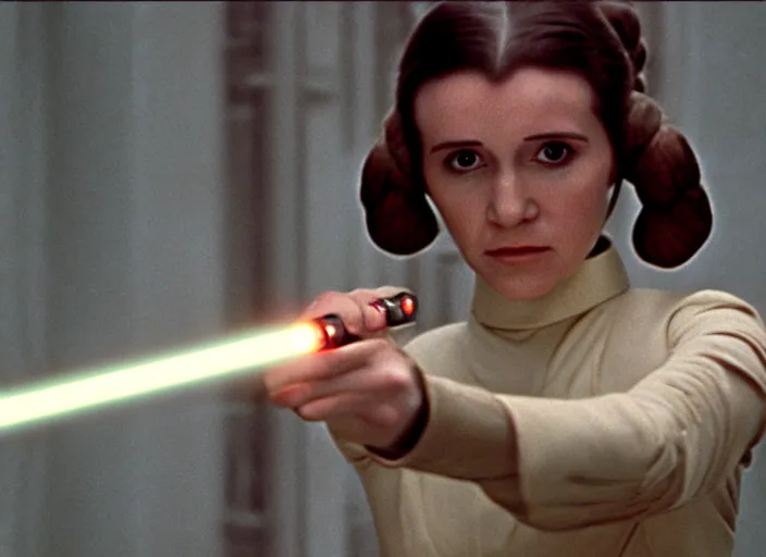 Image similar to screenshot portrait solo shot of Princess Leia training to use a yellow lightsaber at a new Jedi Temple scene from The Force Awakens, 1970s film by Stanley Kubrick, serene, iconic scene, stunning cinematography, hyper detailed, sharp, anamorphic lenses, kodak color film, 4k