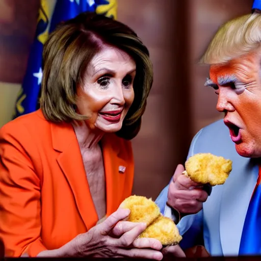 Image similar to Nancy pelosi feeding man baby Donald trump chicken nuggets who is sitting in a high chair, mannerism