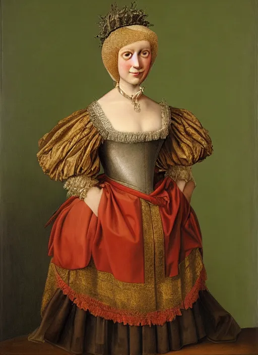 Image similar to portrait of young woman in renaissance dress and renaissance headdress, art by adolf ziegler