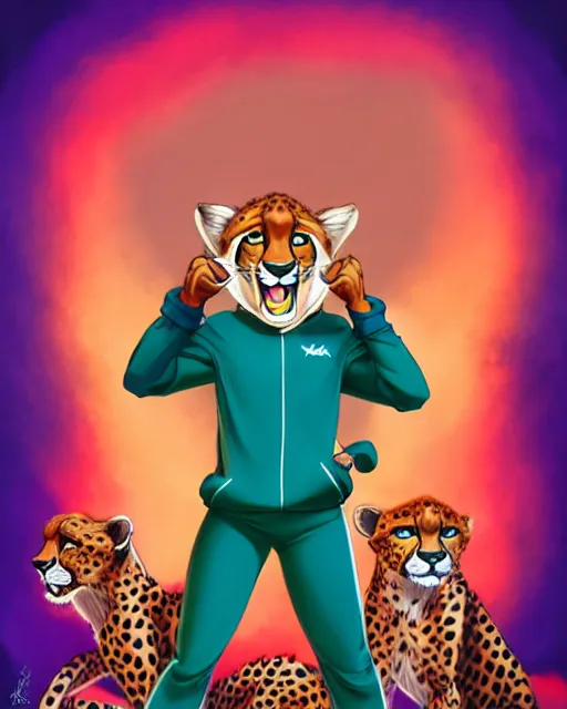 Prompt: don bluth, loish, artgerm, joshua middleton, anthropomorphic cheetah, wearing a track suit, smiling, symmetrical eyes symmetrical face, colorful animation forest background