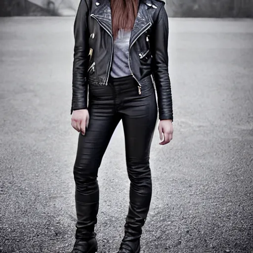 Image similar to young woman in her 20s, she wears a leather jacket and boots, full body shot, taken by a nikon, very detailed face