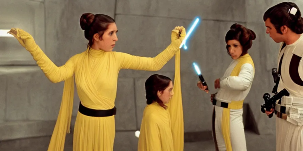 Image similar to screenshot of Princess Leia training to use a yellow lightsaber at a new Jedi Temple scene from The Force Awakens, 1970s film by Stanley Kubrick, serene, iconic scene, stunning cinematography, hyper detailed, sharp, anamorphic lenses, kodak color film, 4k