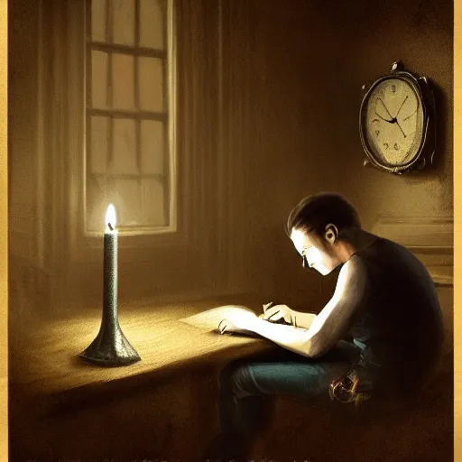 Image similar to A man sits in a dark and gloomy room, the only light is a flickering jittery candle, he writes by the candle in a journal, in a gothic and atmospheric style, artstation digital art, trending on artstation, artstationHQ, artstationHD.