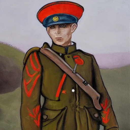 Prompt: a painting of a rabbit wearing a russian world war 1 uniform, standing at the edge of a muddy trench