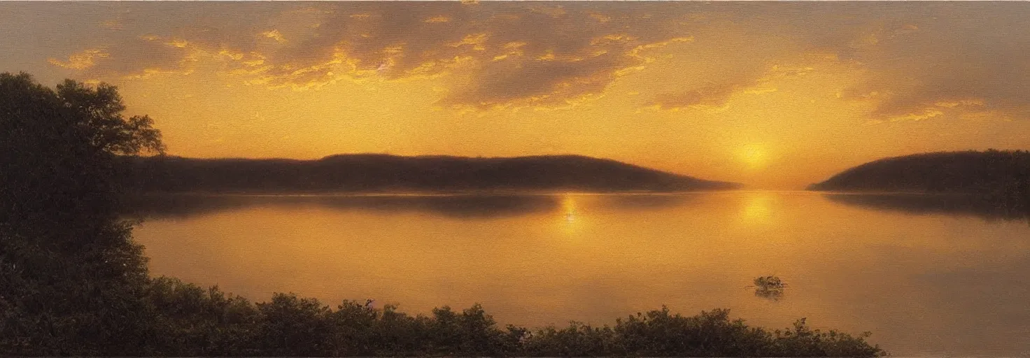Prompt: painting of the sun setting over a lake, a photorealistic painting by pierre toutain - dorbec, deviantart, hudson river school, detailed painting, oil on canvas, hyper - realism
