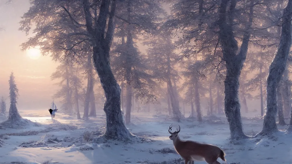Prompt: the most beautiful panoramic landscape, oil painting, where a giant dreamy lake is frozen, the trees around have snow over their leafs, a majestic deer is exhaling steam and the ray lights of the sunrise are brightening him, by greg rutkowski