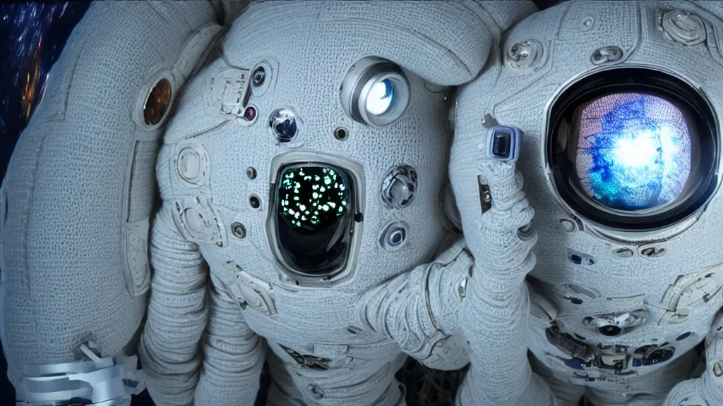 Image similar to a cybernetic symbiosis of a single astronaut eva suit made of wearing knitted yarn thread infected with diamond 3d fractal lace iridescent bubble 3d skin covered with insectoid compound eye camera lenses floats through the living room, film still from the movie directed by Denis Villeneuve with art direction by Salvador Dalí, wide lens,