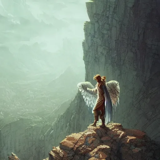 Image similar to angel protecting man falling from a cliff, detailed intricate ink illustration, happy atmosphere, detailed illustration, hd, 4k, digital art, overdetailed art, by greg rutkowski, by loish, complementing colors, Trending on artstation, movie poster style