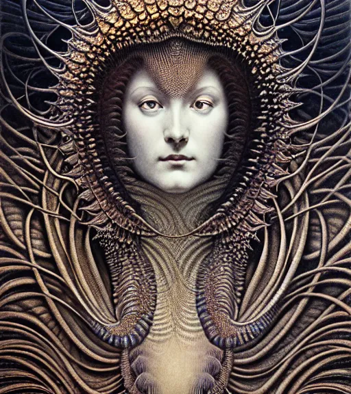 Image similar to detailed realistic beautiful murex goddess face portrait by jean delville, gustave dore, iris van herpen and marco mazzoni, art forms of nature by ernst haeckel, art nouveau, symbolist, visionary, gothic, neo - gothic, pre - raphaelite, fractal lace, intricate alien botanicals, ai biodiversity, surreality, hyperdetailed ultrasharp octane render