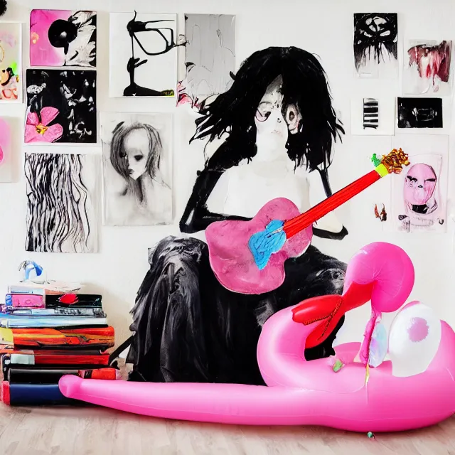 Image similar to a portrait in a female artist's bedroom, black walls, emo girl riding an inflatable flamingo, sheet music, berries, surgical supplies, pancakes, black flowers, sensual, octopus, neo - expressionism, surrealism, acrylic and spray paint and oilstick on canvas