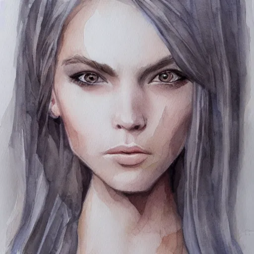 Image similar to white shoulder-length haired girl, watercolor, grey eyes, portrait, artstation, highly detailed, by Ross tram