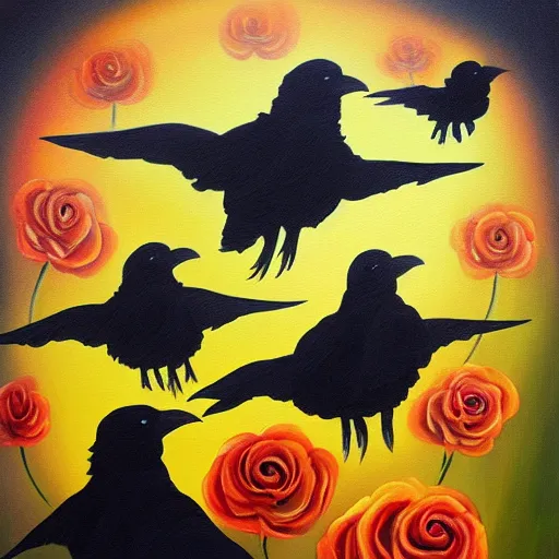 Image similar to flock of ravens in the shape of a rose. painting, oil on canvas