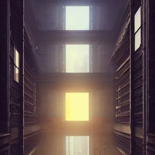 Image similar to One dilapidated building with only one window glowing. ArtStation, Cyberpunk, Vertical Symmetry, 8K, Highly Detailed, Intricate, Album Art.