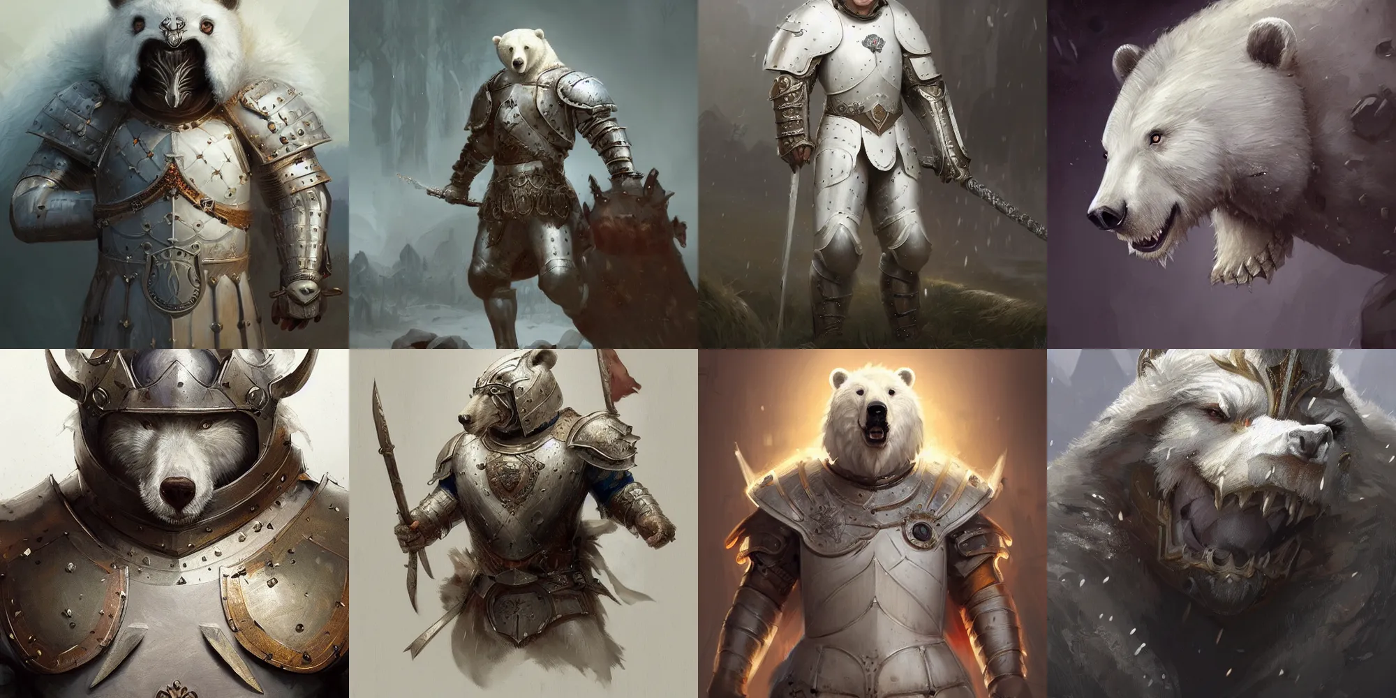 Prompt: a masterpiece digital painting of a white bear in medieval armor, roaring, fantasy, highly detailed, digital painting, trending on artstation, concept art, sharp focus, illustration in the style of wlop, greg rutkowski, artgerm and magali villeneuve