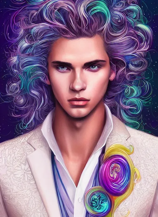 Prompt: magical, beautiful young man, wavy flowing hair, extremely detailed gorgeous face, sad eyes, tears, slim athletic body and attractive face, vaporwave aesthetic, synthwave, luxurious white suit, colorful, psychedelic, intricate, elegant, highly detailed, digital painting, artstation, concept art, smooth, sharp focus, illustration, art by artgerm and greg rutkowski and alphonse mucha