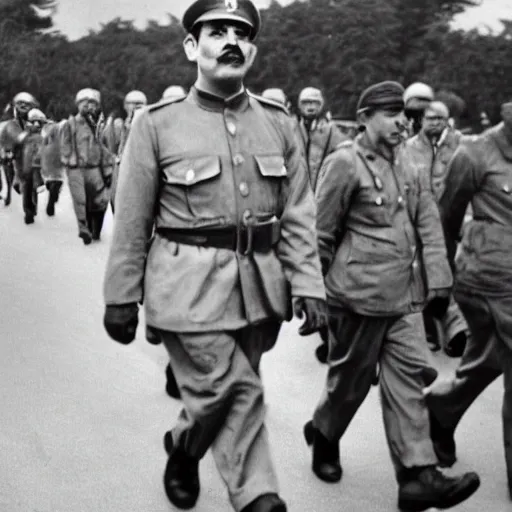 Image similar to mario as prison camp guard marching, wwii