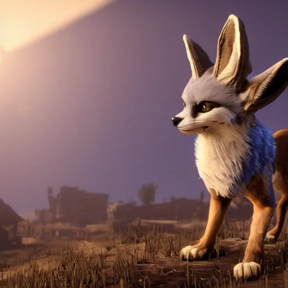 Image similar to screenshot of an anthropomorphic blue fennec fox in cowboy attire from red dead redemption 1